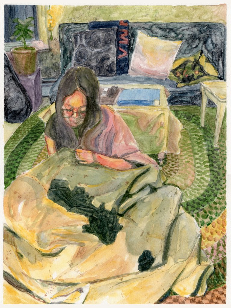 Brittany sewing a quilt, 2021 Watercolor, charcoal and pencil on paper, 12" x 9"