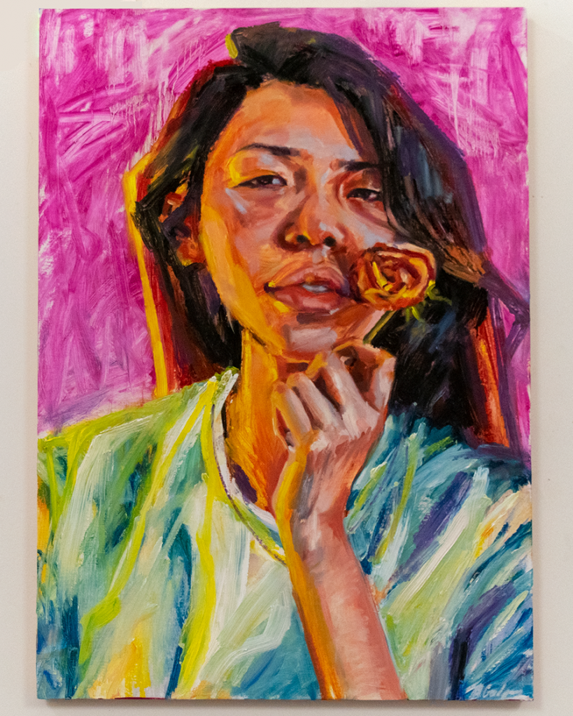 Florence with a dead flower, 2018 Oil and oil stick on panel, 30" x 24"