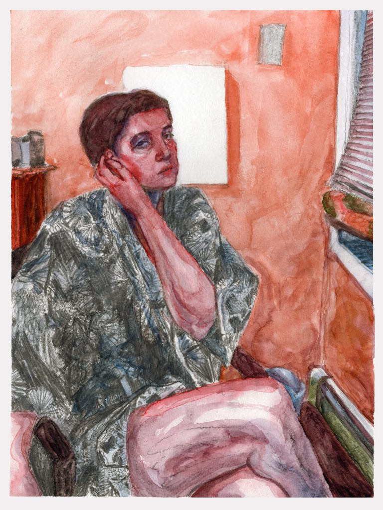 Self portrait in Brooklyn home studio, 2021 Watercolor, charcoal and pencil on paper, 12" x 9"