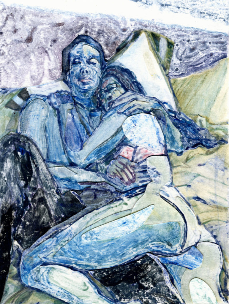 Tyler and Christina embrace, 2021. Watercolor and watercolor monotype collage. 8" x 6"