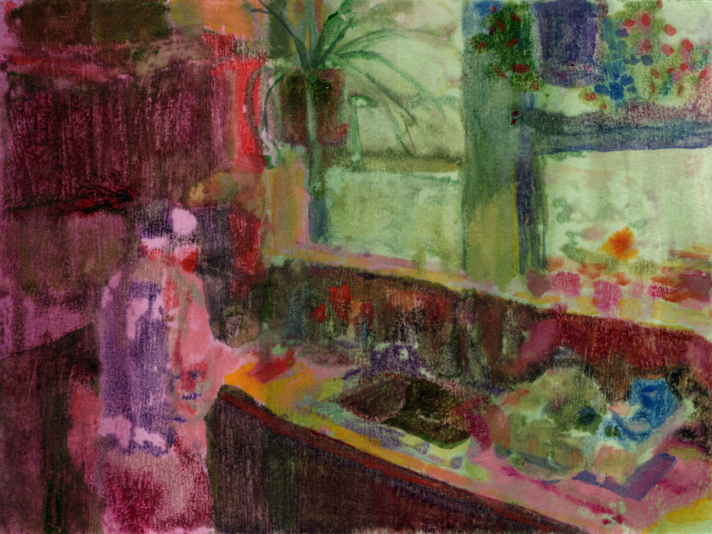 In the kitchen, 2021. Watercolor monotype, 6" x 8"